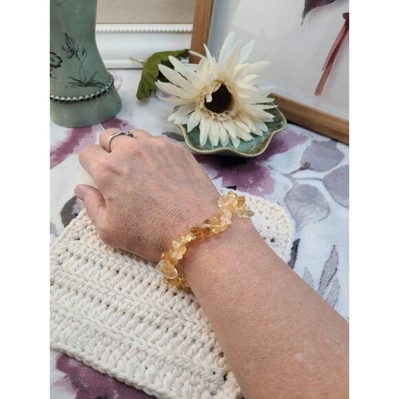 Natural Citrine Gemstone Bracelet | Yellow Crystal Chips | Stretch Jewelry - Picture 2 of 7